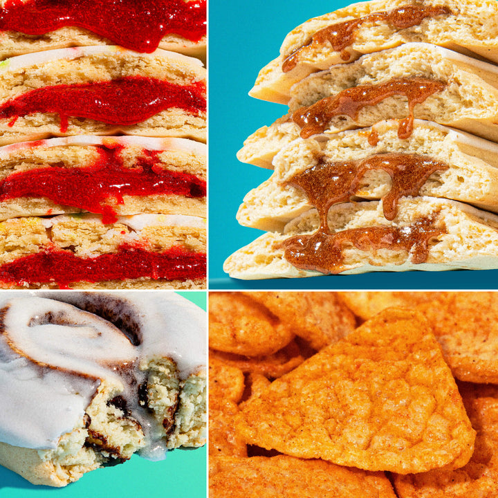 A collage of Legendary Foods snacks: Strawberry and Brown Sugar Cinnamon Protein Pastries with vibrant fillings, a Cinnamon Sweet Roll with icing, and crispy Barbecue Protein Chips. Close-ups highlight textures and appeal of these high-protein treats.