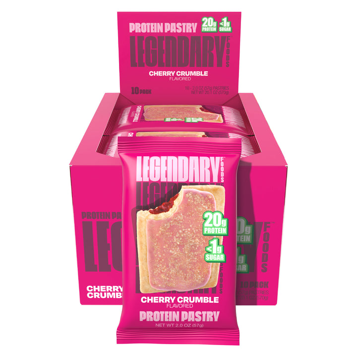 Box of Legendary Foods Cherry Crumble protein pastries with individually wrapped packs inside. 20g protein, <1g sugar.