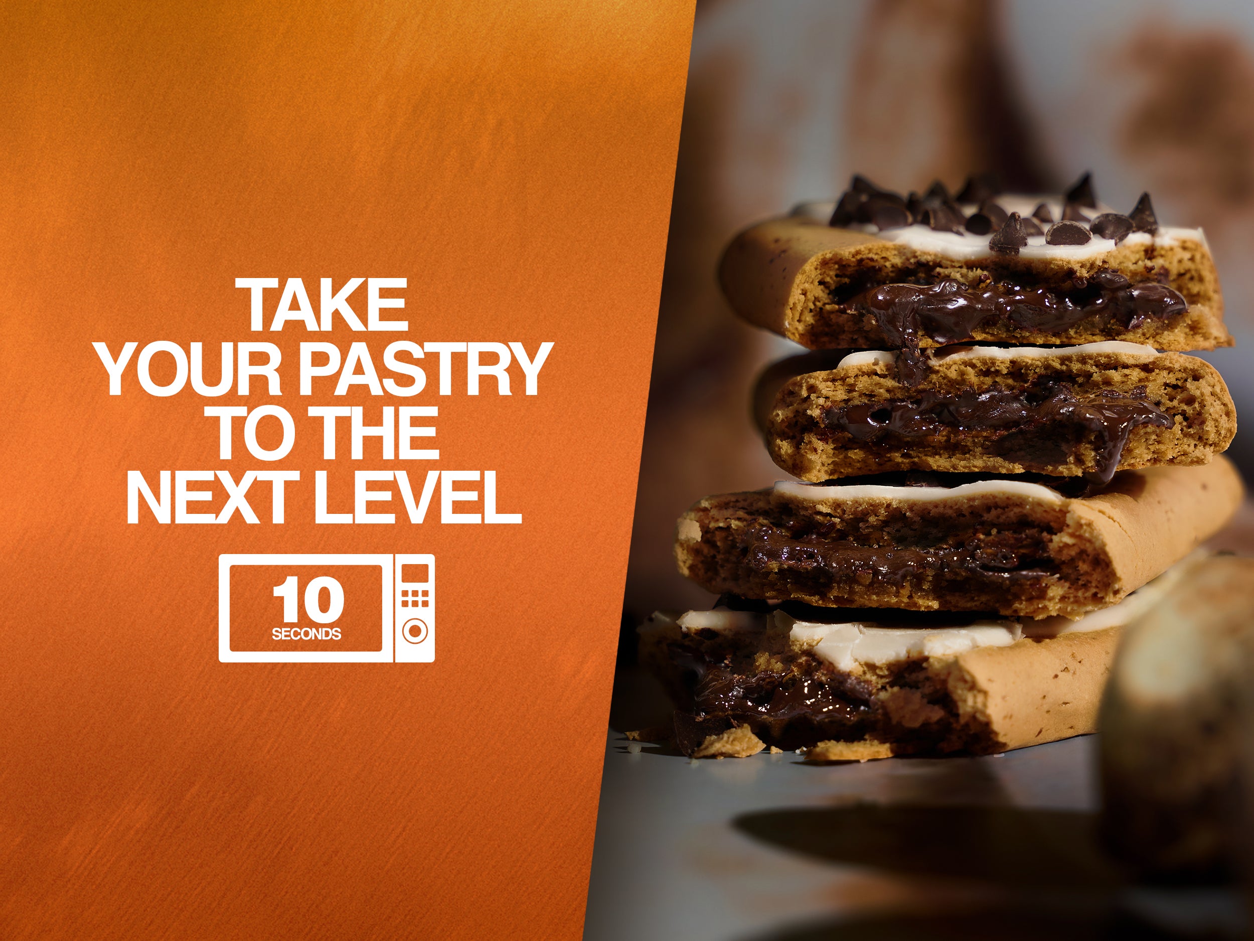 Melted, stacked s’mores protein pastries. Text: 'Take your pastry to the next level' with microwave icon and '10 seconds.'