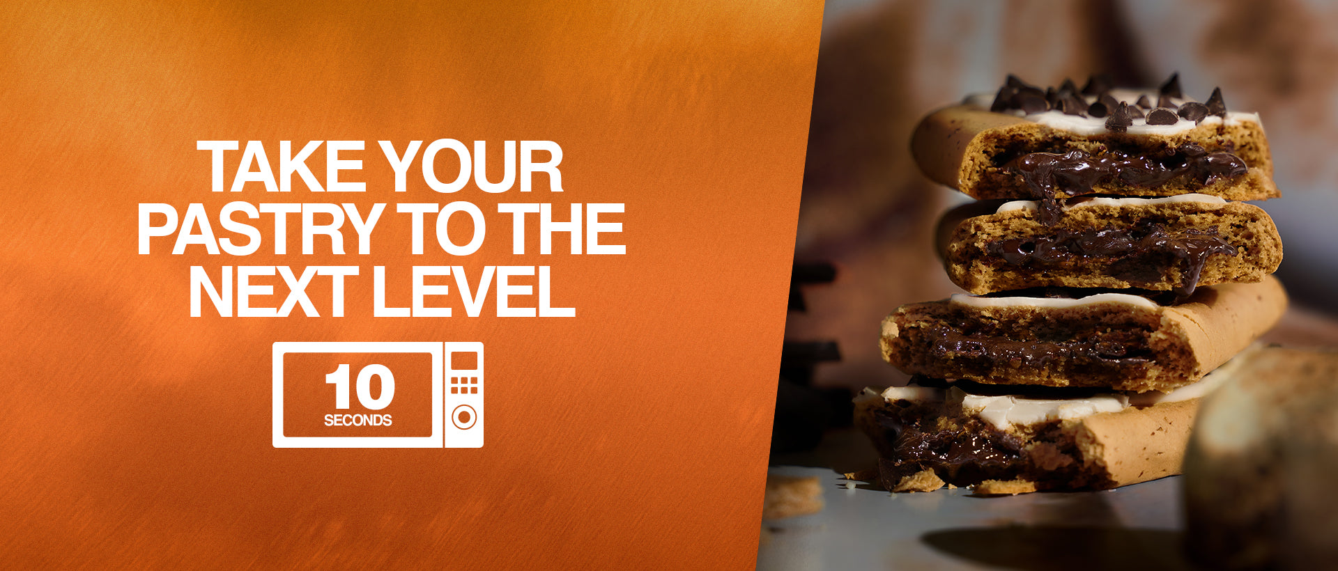 Melted, stacked s’mores protein pastries. Text: 'Take your pastry to the next level' with microwave icon and '10 seconds.'