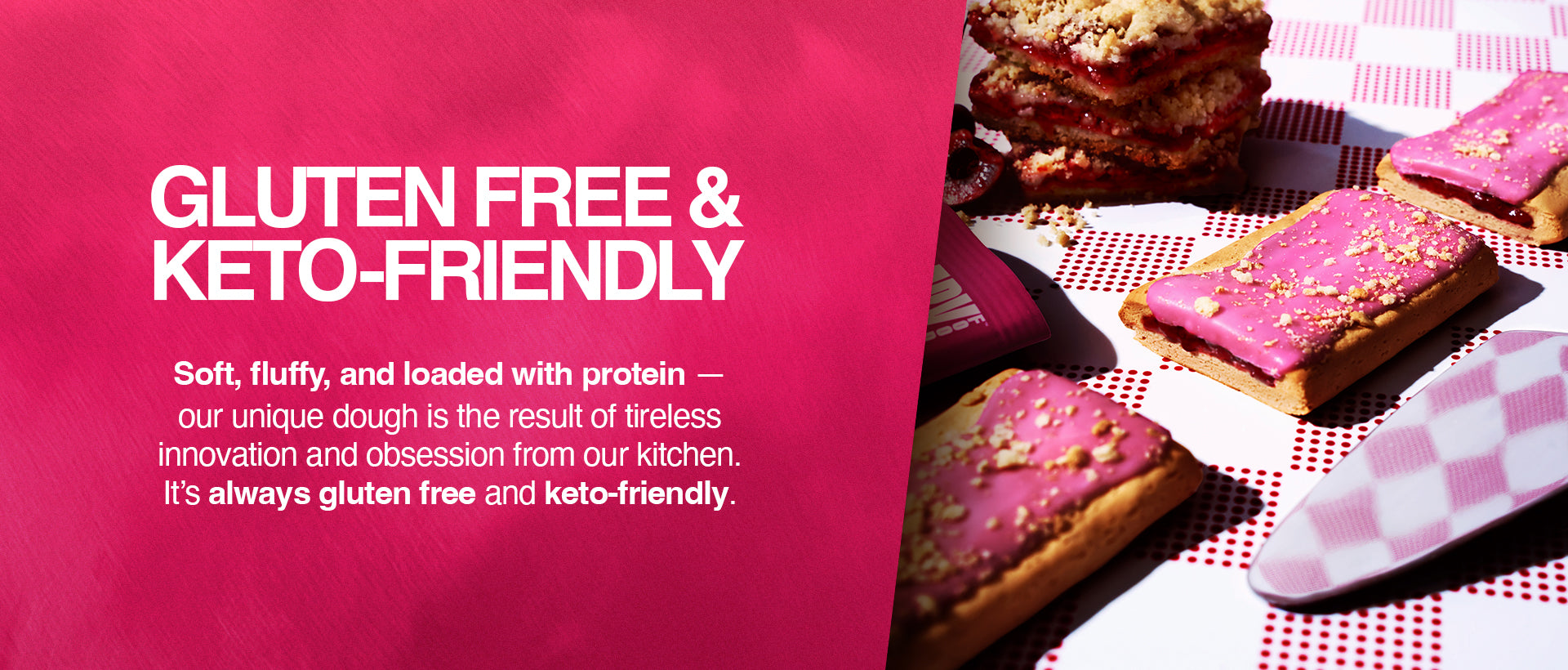 Text reads 'Gluten Free & Keto-Friendly' with a description of the soft, protein-packed pastry. On the right, cherry crumble pastries with pink frosting and crumbs sit on a checkered surface.