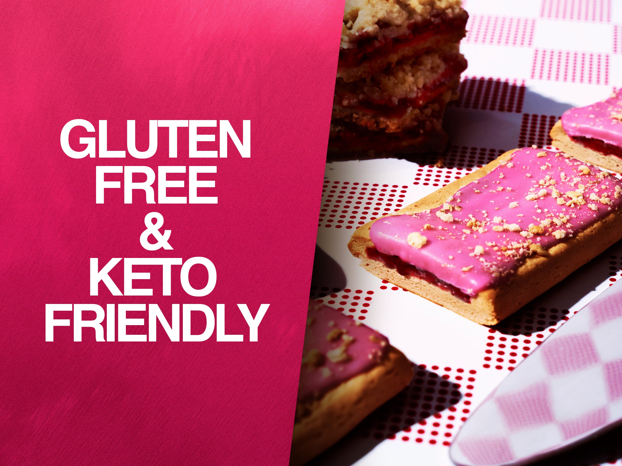 Text reads 'Gluten Free & Keto-Friendly' alongside cherry crumble pastries with pink frosting and crumbs on a checkered surface.