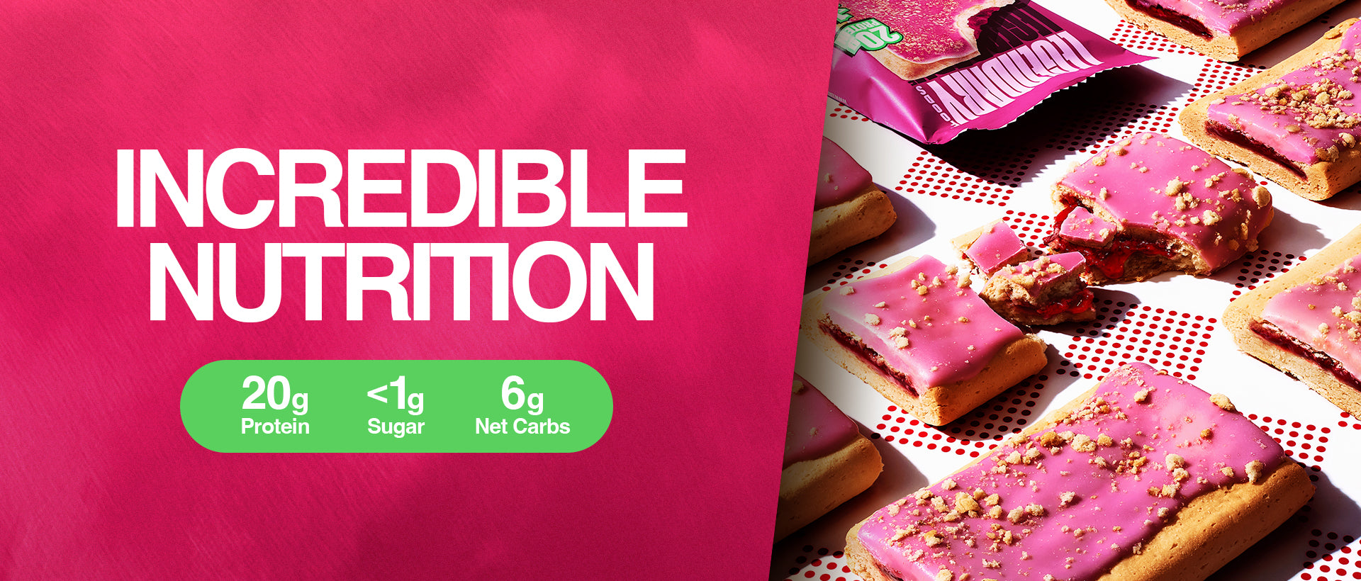 Text reads 'Incredible Nutrition' with labels showing '20g Protein, <1g Sugar, 6g Net Carbs.' Multiple pink-frosted pastries with crumbles are displayed, one broken open revealing cherry filling.