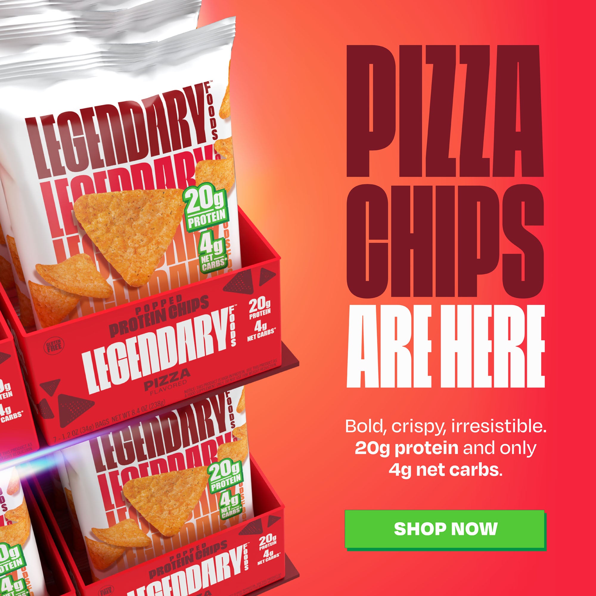 Pizza chips are here. bold, crispy, irresistible. 20g protein and only 4g net carbs. Shop Now. 