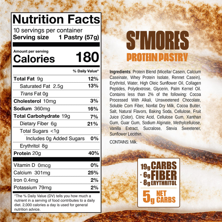 S'mores protein pastry nutrition facts and ingredients. 180 calories, 20g protein, <1g sugar, gluten-free, keto-friendly.