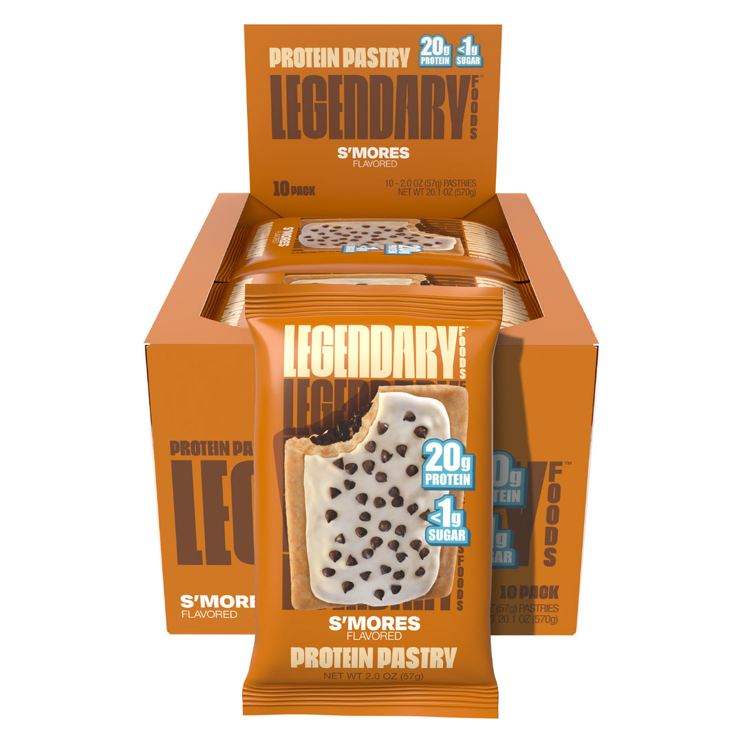 Box of Legendary Foods s’mores protein pastries with individually wrapped packs inside. 20g protein, <1g sugar.