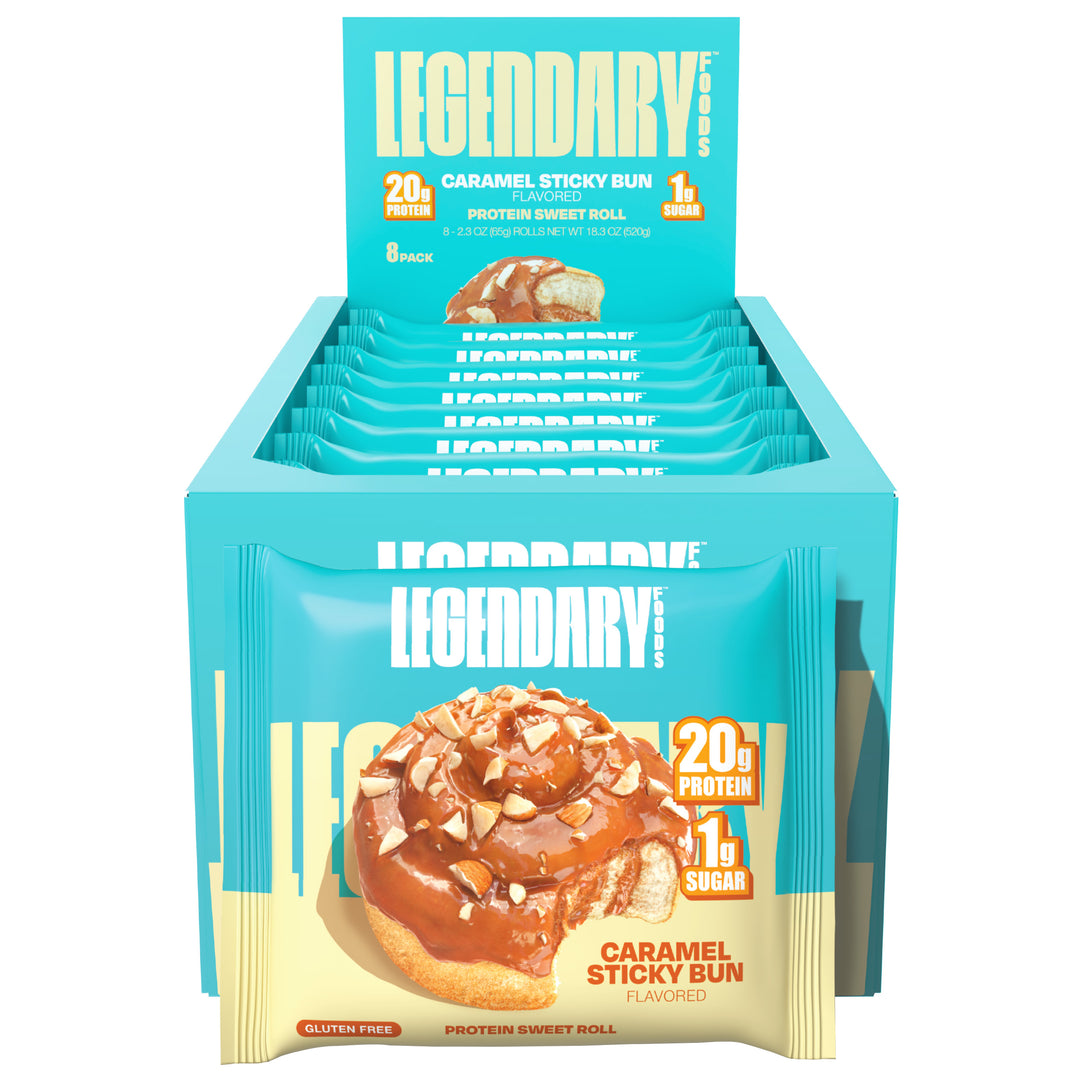 A box of Legendary Foods Caramel Sticky Bun Protein Sweet Rolls, each pack labeled with 20g protein and 1g sugar, featuring an image of the roll.